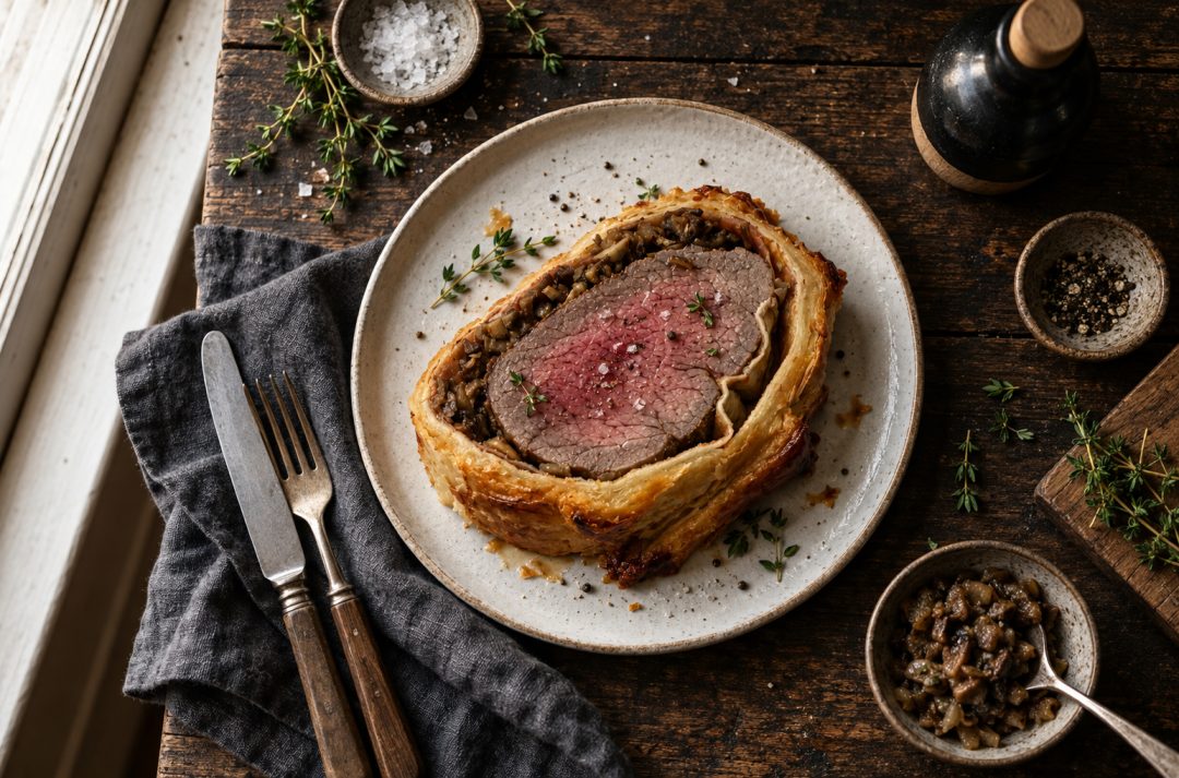 Uppskuren biff Wellington med crêpe och svampfyllning, medium-rare