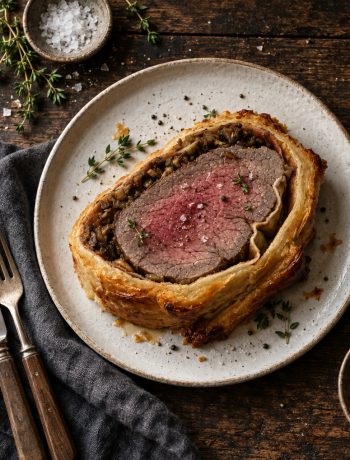 Uppskuren biff Wellington med crêpe och svampfyllning, medium-rare
