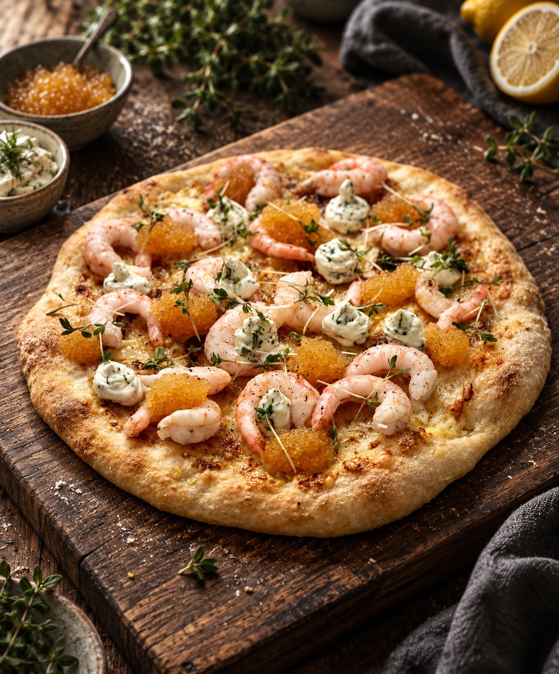 Löjromspizza med räkor och dillmajonnäs